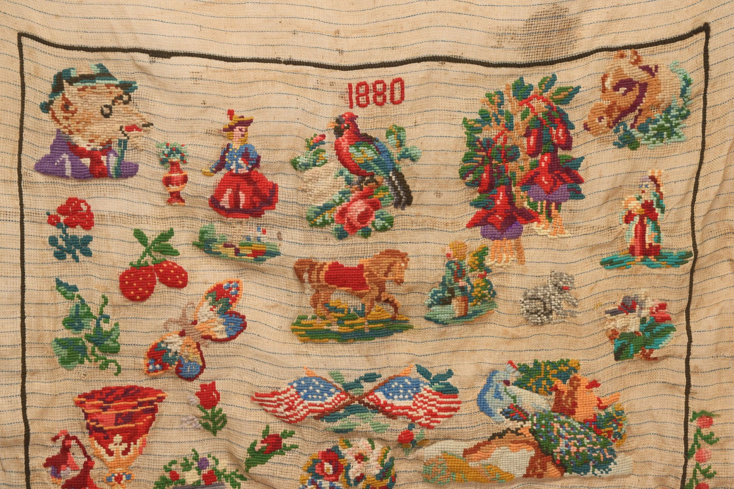 Lot 214 - Antique 19th Century Embroidery Sampler Dated “1880” With Figural, Animal, And Folkloric Motifs, Including Devil And Fox, Unframed