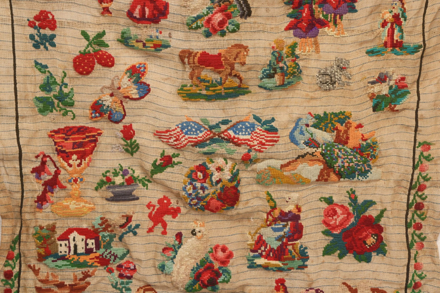 Lot 214 - Antique 19th Century Embroidery Sampler Dated “1880” With Figural, Animal, And Folkloric Motifs, Including Devil And Fox, Unframed