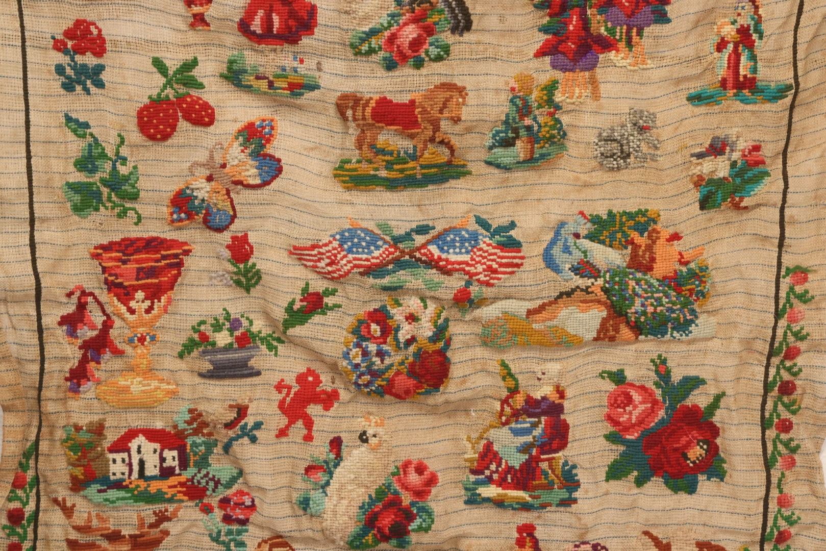 Lot 214 - Antique 19th Century Embroidery Sampler Dated “1880” With Figural, Animal, And Folkloric Motifs, Including Devil And Fox, Unframed