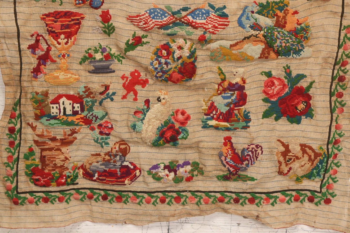 Lot 214 - Antique 19th Century Embroidery Sampler Dated “1880” With Figural, Animal, And Folkloric Motifs, Including Devil And Fox, Unframed