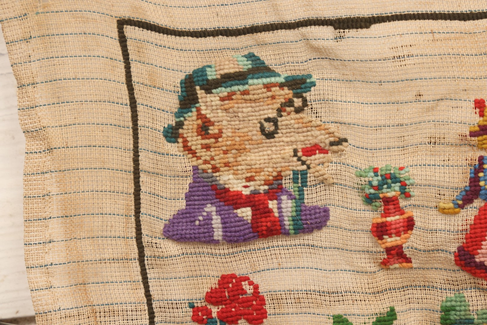 Lot 214 - Antique 19th Century Embroidery Sampler Dated “1880” With Figural, Animal, And Folkloric Motifs, Including Devil And Fox, Unframed