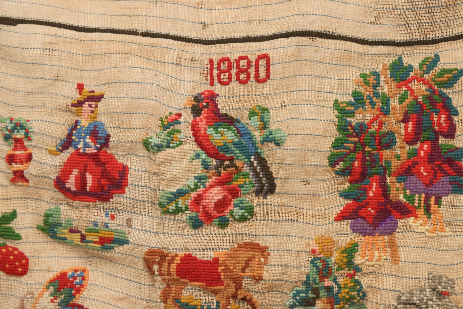 Lot 214 - Antique 19th Century Embroidery Sampler Dated “1880” With Figural, Animal, And Folkloric Motifs, Including Devil And Fox, Unframed