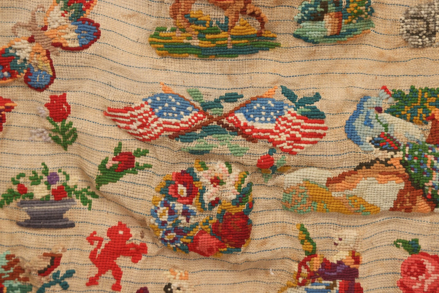 Lot 214 - Antique 19th Century Embroidery Sampler Dated “1880” With Figural, Animal, And Folkloric Motifs, Including Devil And Fox, Unframed