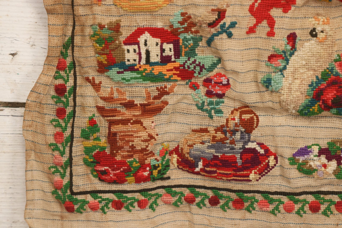 Lot 214 - Antique 19th Century Embroidery Sampler Dated “1880” With Figural, Animal, And Folkloric Motifs, Including Devil And Fox, Unframed