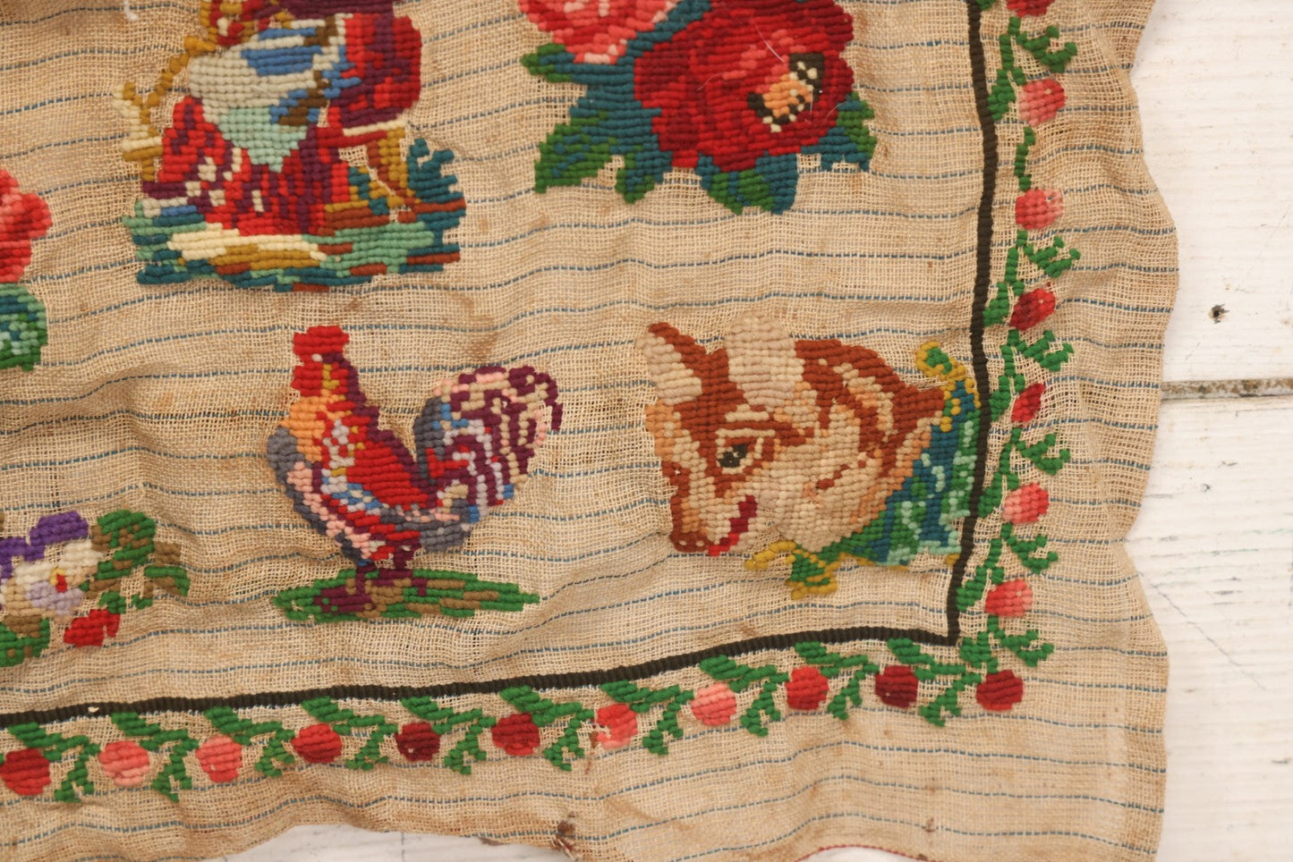 Lot 214 - Antique 19th Century Embroidery Sampler Dated “1880” With Figural, Animal, And Folkloric Motifs, Including Devil And Fox, Unframed