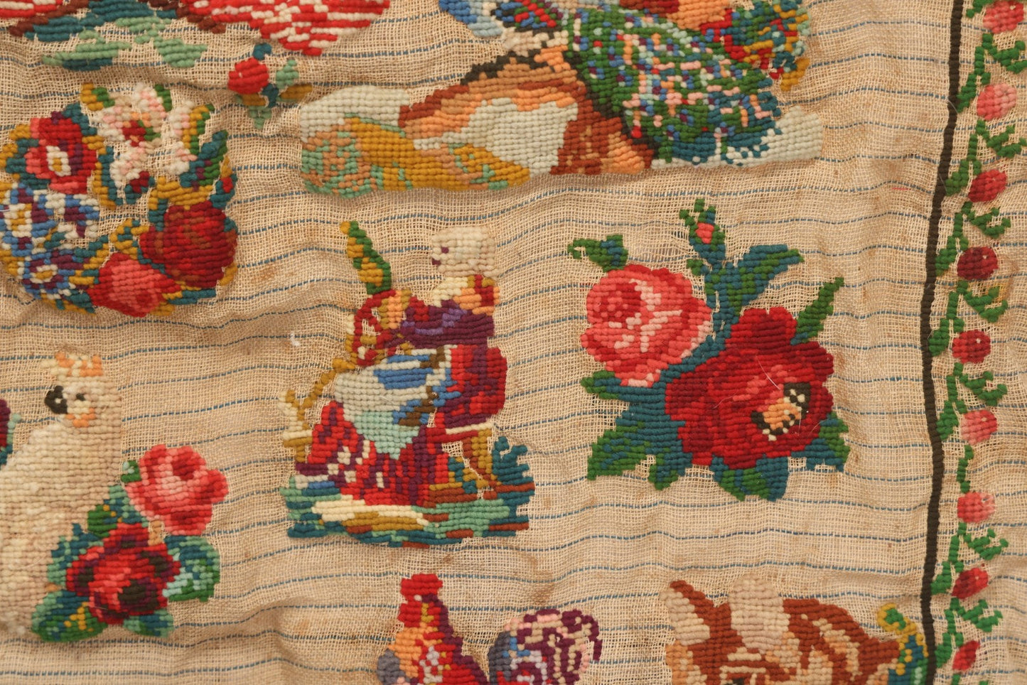 Lot 214 - Antique 19th Century Embroidery Sampler Dated “1880” With Figural, Animal, And Folkloric Motifs, Including Devil And Fox, Unframed
