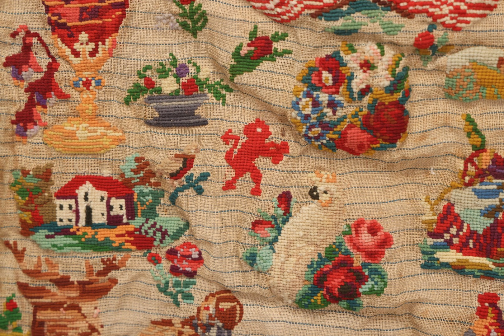 Lot 214 - Antique 19th Century Embroidery Sampler Dated “1880” With Figural, Animal, And Folkloric Motifs, Including Devil And Fox, Unframed