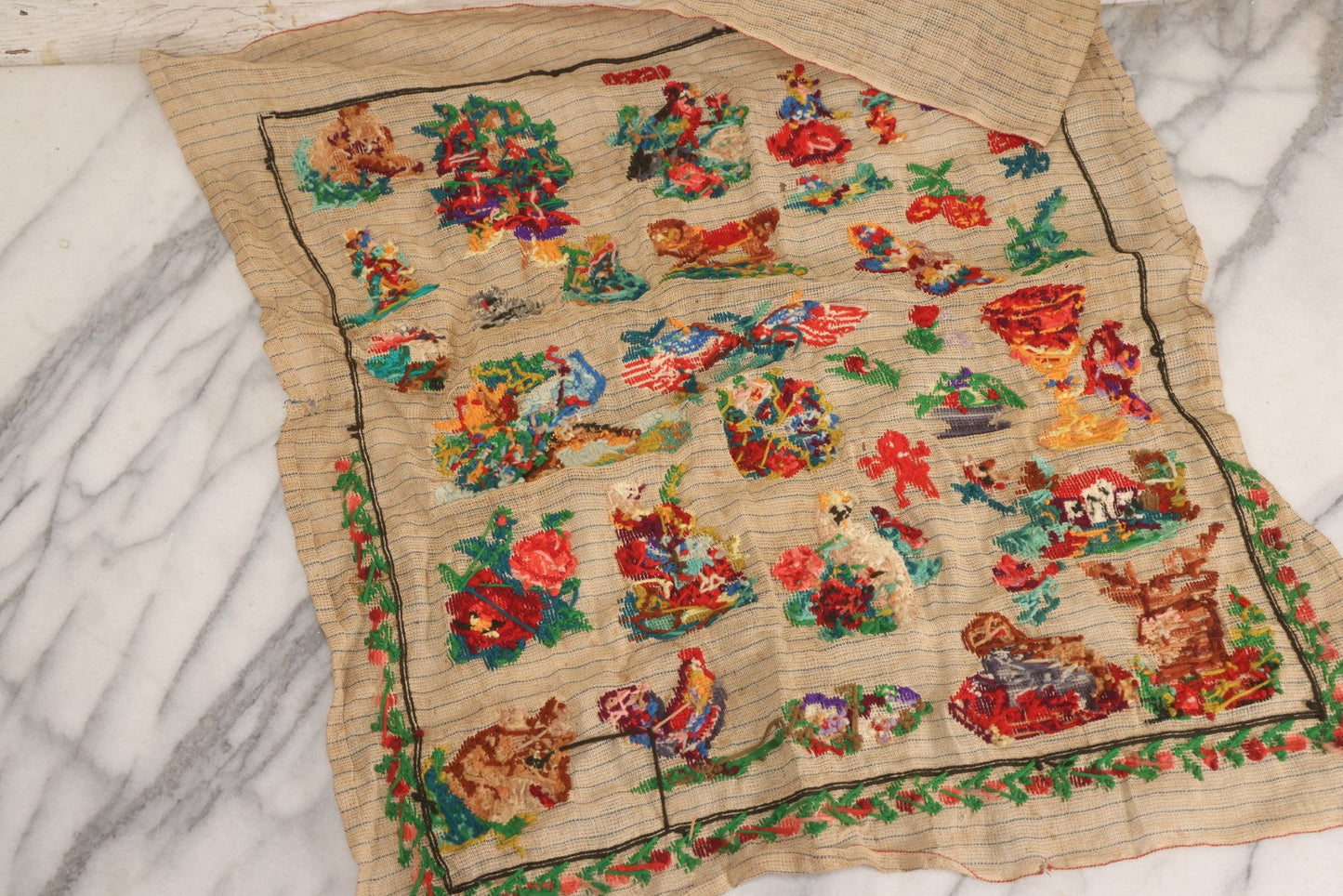 Lot 214 - Antique 19th Century Embroidery Sampler Dated “1880” With Figural, Animal, And Folkloric Motifs, Including Devil And Fox, Unframed