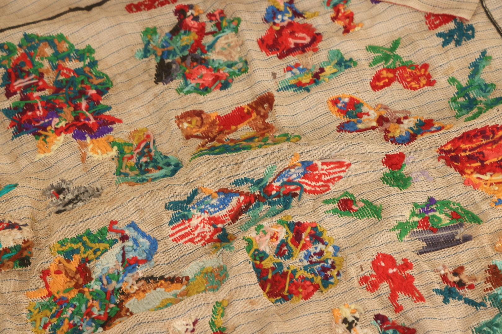 Lot 214 - Antique 19th Century Embroidery Sampler Dated “1880” With Figural, Animal, And Folkloric Motifs, Including Devil And Fox, Unframed