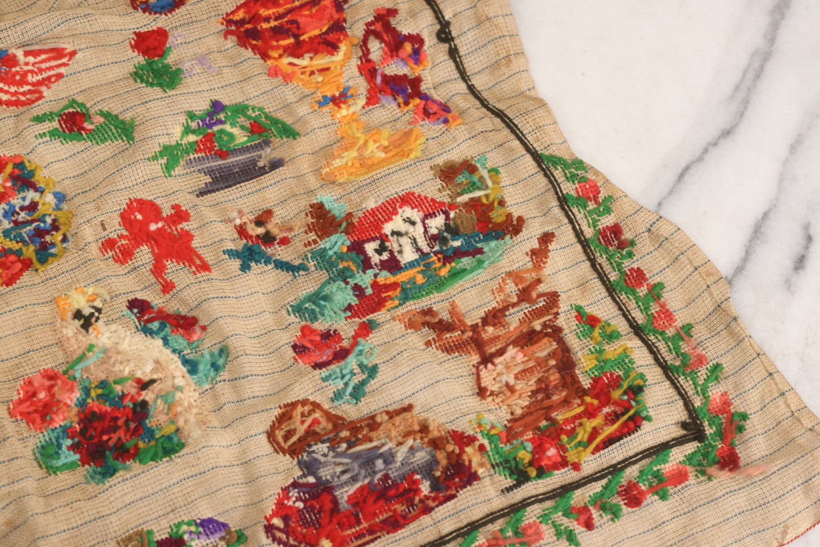 Lot 214 - Antique 19th Century Embroidery Sampler Dated “1880” With Figural, Animal, And Folkloric Motifs, Including Devil And Fox, Unframed