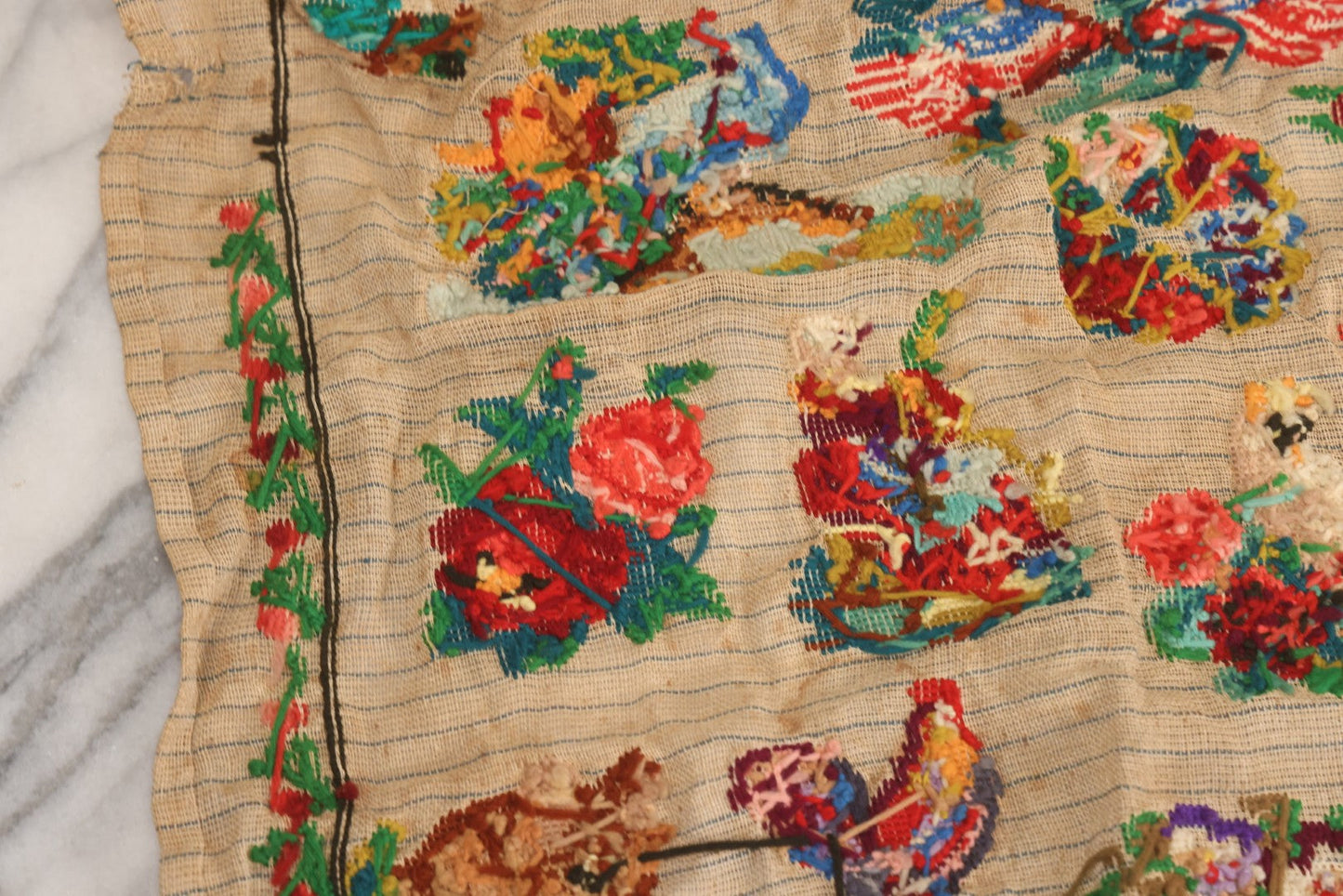 Lot 214 - Antique 19th Century Embroidery Sampler Dated “1880” With Figural, Animal, And Folkloric Motifs, Including Devil And Fox, Unframed