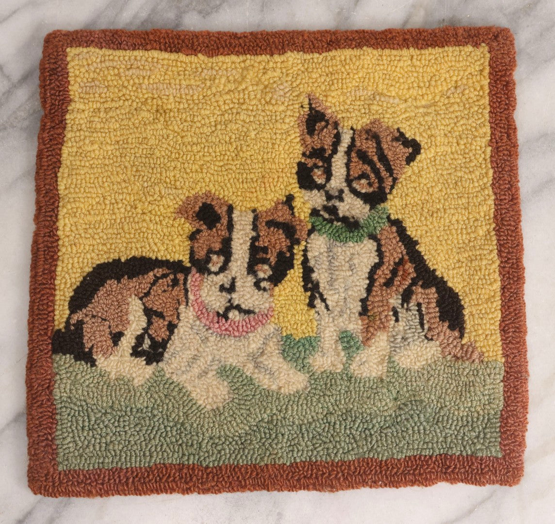 Lot 215 - Vintage Hand-Hooked Folk Art Mat With Pair Of Boston Terrier Dogs On Yellow Ground, Wool Hooked Textile