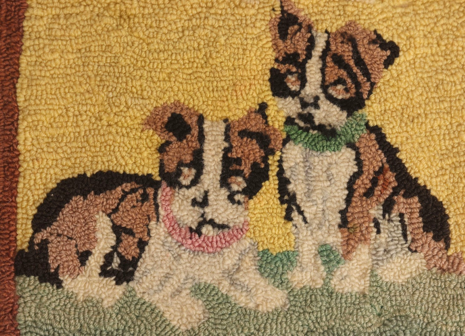 Lot 215 - Vintage Hand-Hooked Folk Art Mat With Pair Of Boston Terrier Dogs On Yellow Ground, Wool Hooked Textile