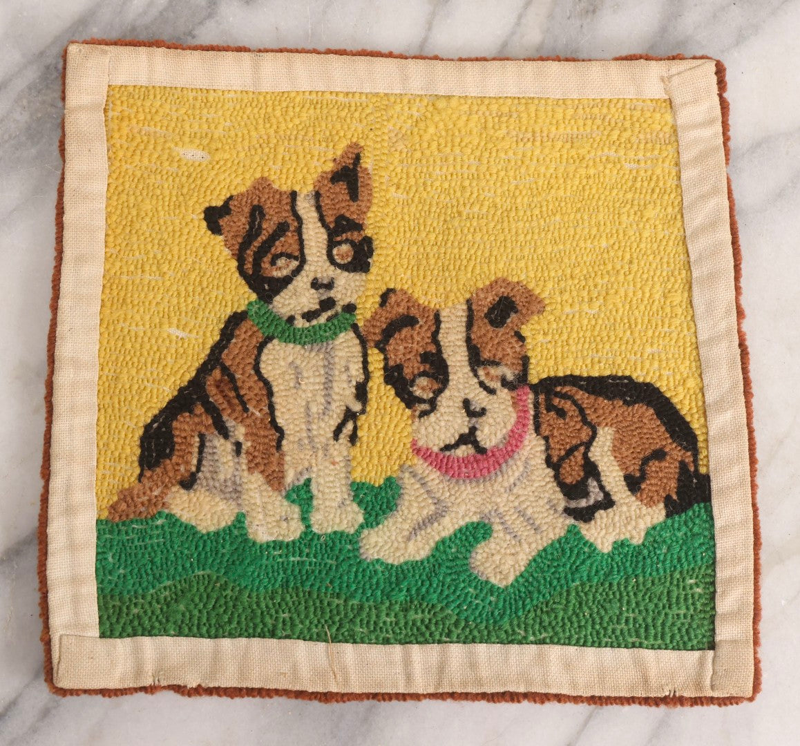 Lot 215 - Vintage Hand-Hooked Folk Art Mat With Pair Of Boston Terrier Dogs On Yellow Ground, Wool Hooked Textile