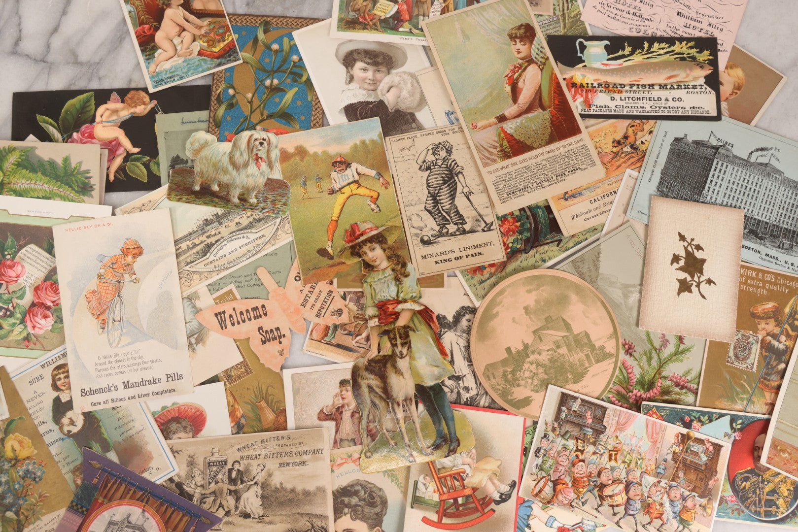 Lot 216 - Grouping Of 50+ Antique Lithographed Trade Cards, Die Cuts, And Advertising Ephemera Scraps, Late 19th To Early 20th Century