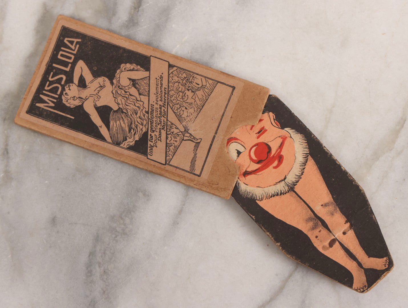 Lot 217 - Antique German Spring-Loaded “Finger Snapper” Risqué Joke Card, “Miss Lola – Only For Gentlemen,” Mechanical Pull-Tab Prank