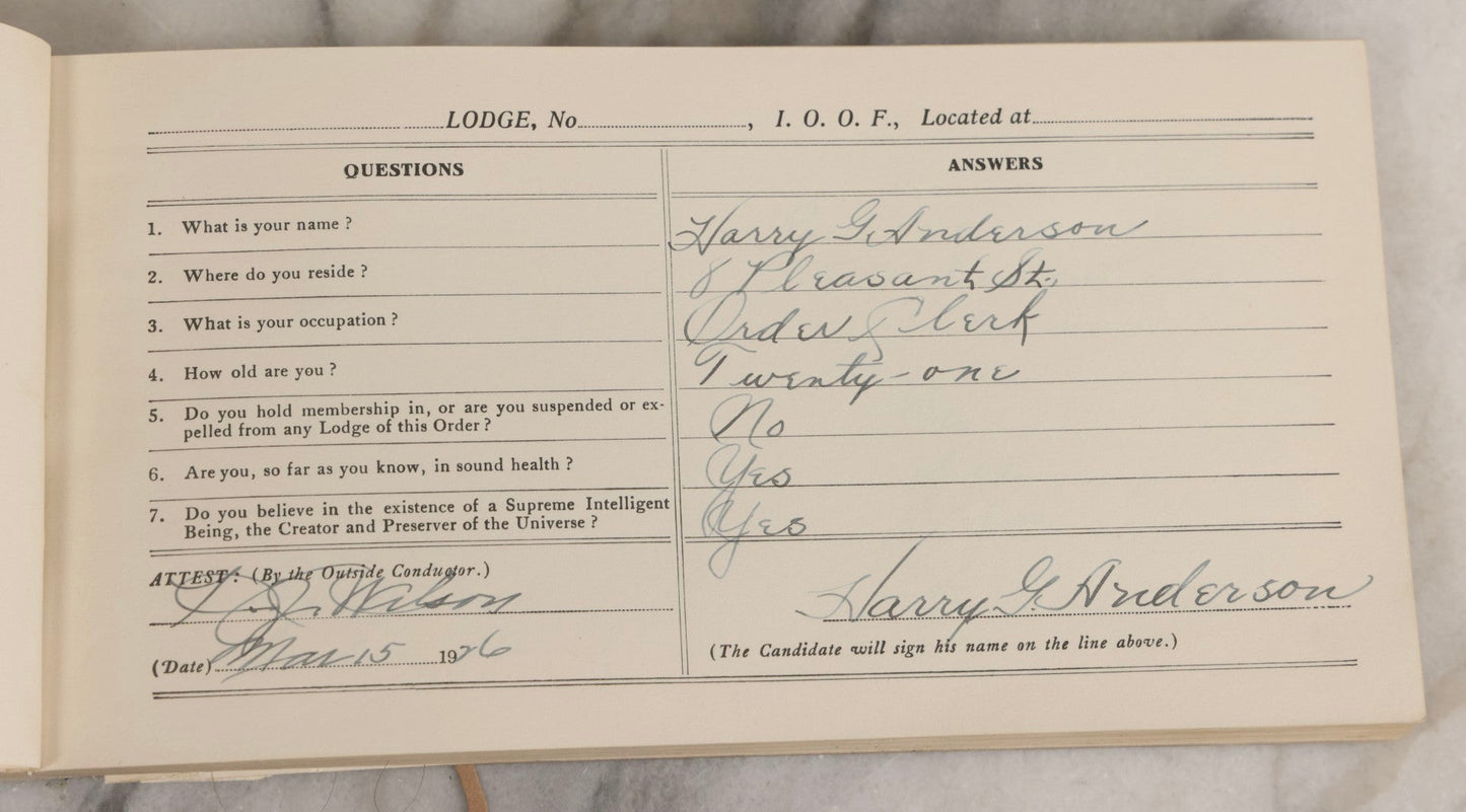 Lot 221 - Antique Independent Order Of Odd Fellows I.O.O.F.. Question Book For Subordinate Lodges, 1901, With Extensive Handwritten Entries