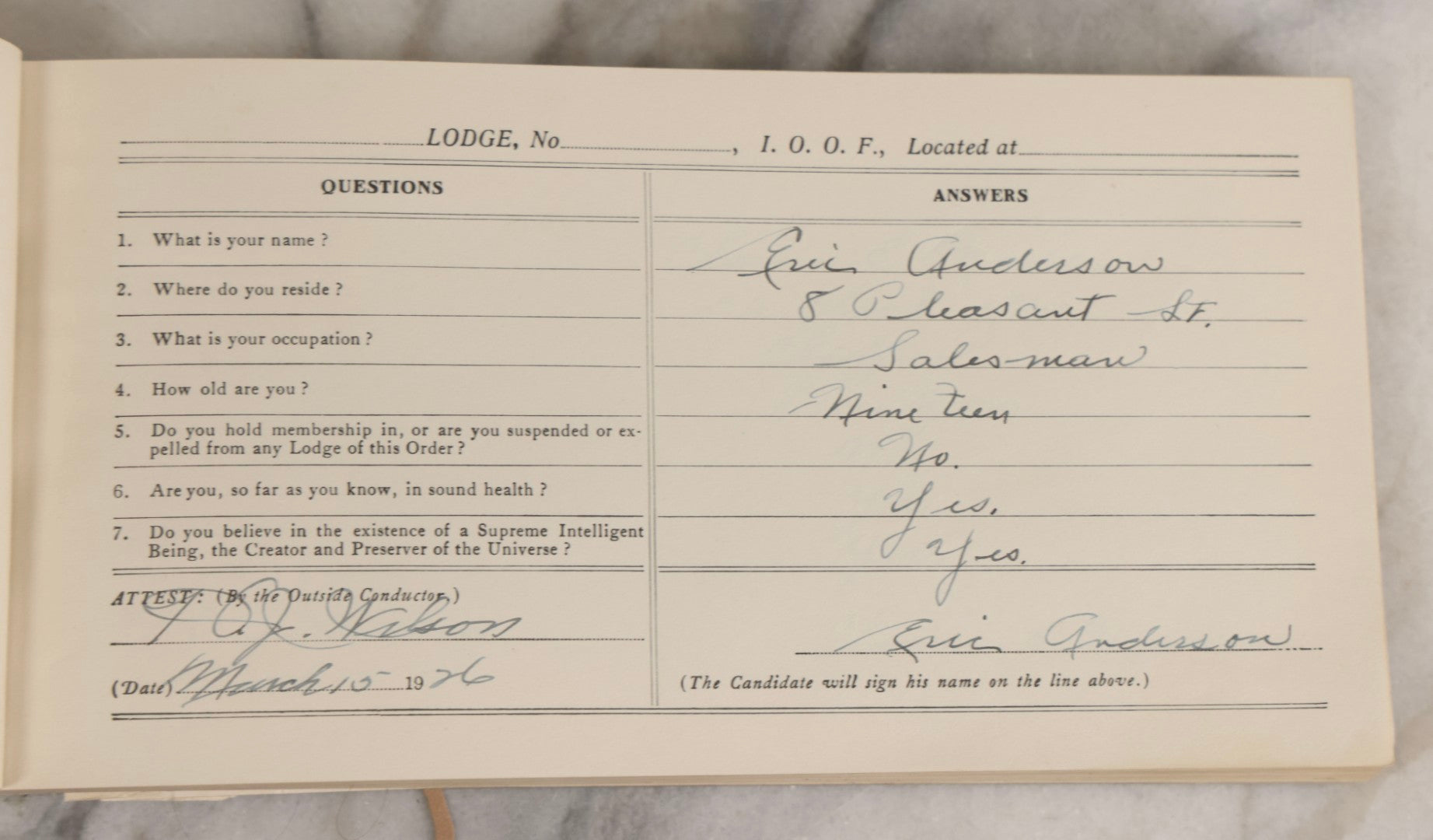 Lot 221 - Antique Independent Order Of Odd Fellows I.O.O.F.. Question Book For Subordinate Lodges, 1901, With Extensive Handwritten Entries