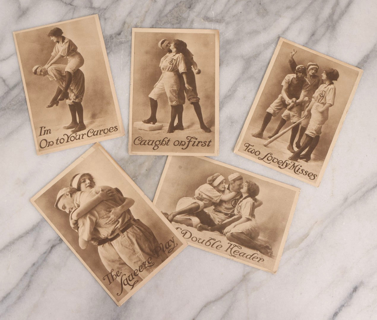 Lot 226 - Grouping Of Five Antique Risqué Baseball-Themed Postcards With Flirtatious Poses And Comic Captions, Divided Backs, Early 20th Century