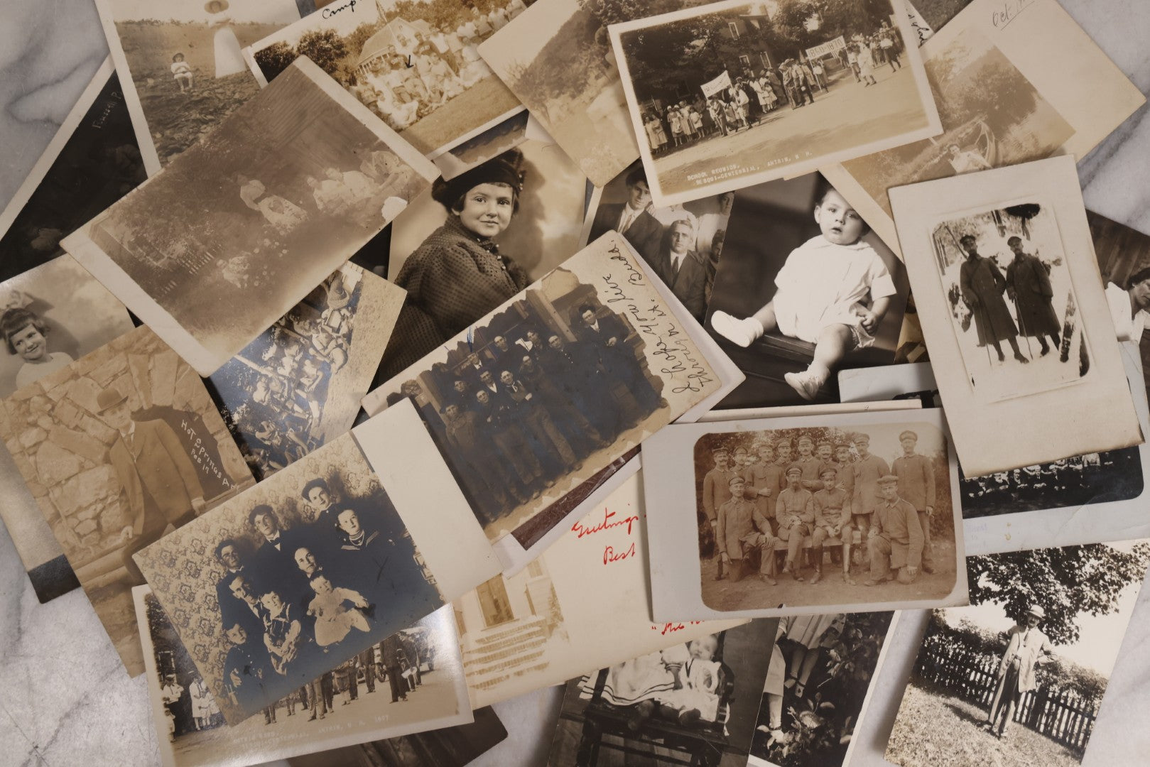 Lot 231 - Grouping Of 38 Antique Real Photo Postcards R.P.P.C.. Featuring People And Portraits Including Soldiers, Workers, Parade Scenes, Men, Women, And Children, Early 20th Century