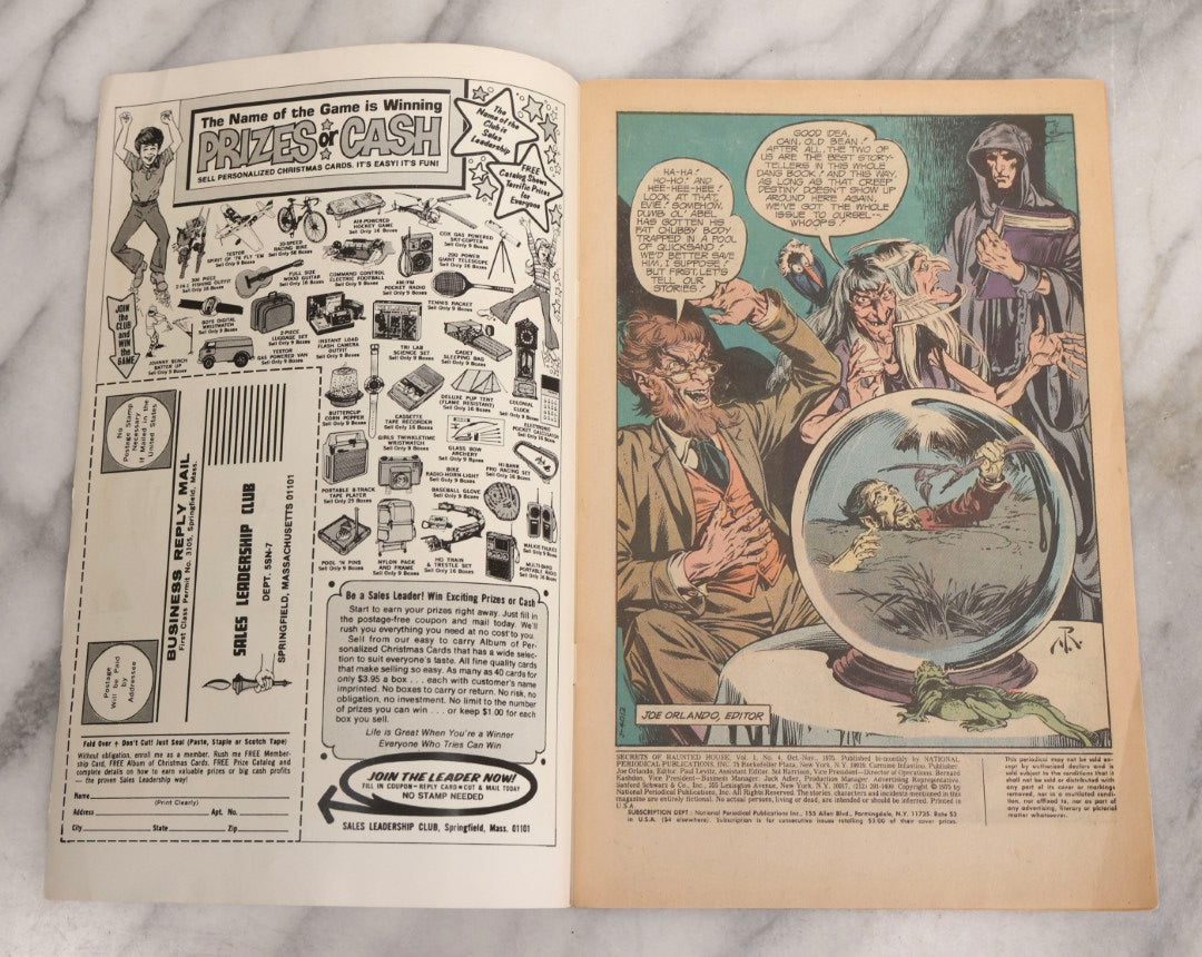 Lot 235 - Grouping Of Five Pieces Of Spooky Ephemera Including Jointed Die-Cut Halloween Witch Decoration, DC “Secrets Of Haunted House” Comic, And Topps Creature Feature Horror Trading Cards