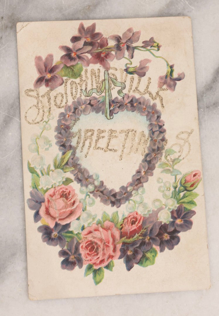 Lot 236 - Grouping Of Nine Antique Valentine And Holiday Postcards, Including One With Real Hair Applied, Paper Lace, Gilt Accents, And Thanksgiving Card Depicting Jack-O-Lantern J.O.L. Carving