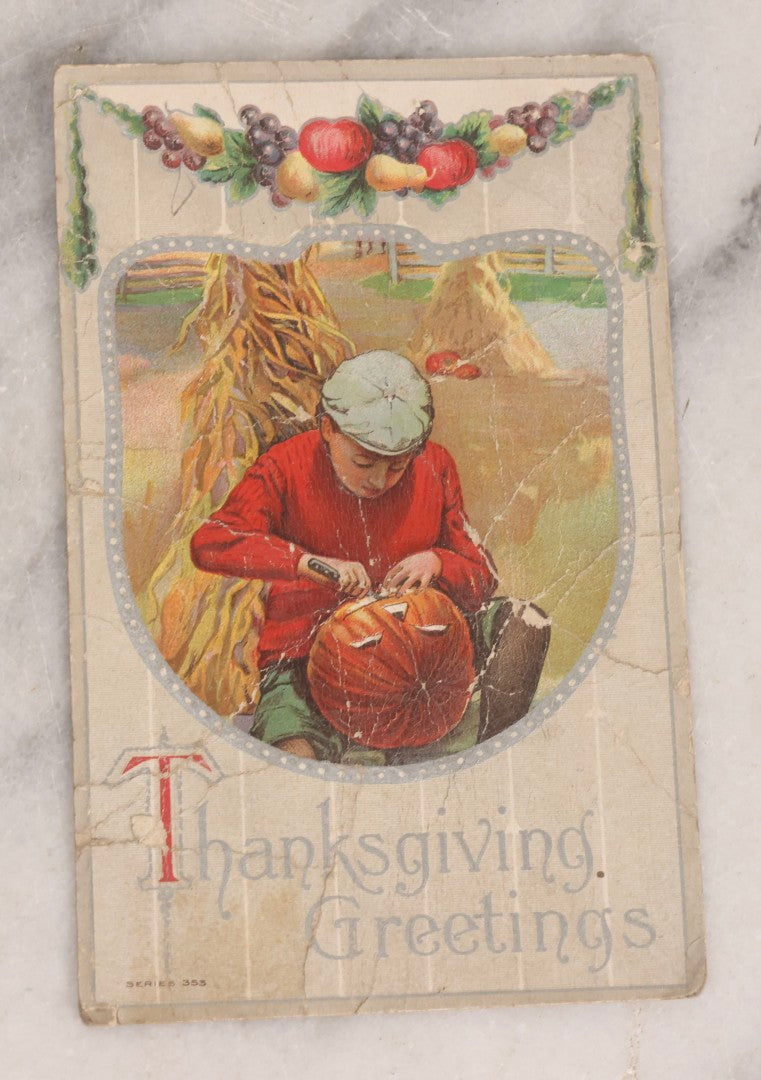 Lot 236 - Grouping Of Nine Antique Valentine And Holiday Postcards, Including One With Real Hair Applied, Paper Lace, Gilt Accents, And Thanksgiving Card Depicting Jack-O-Lantern J.O.L. Carving