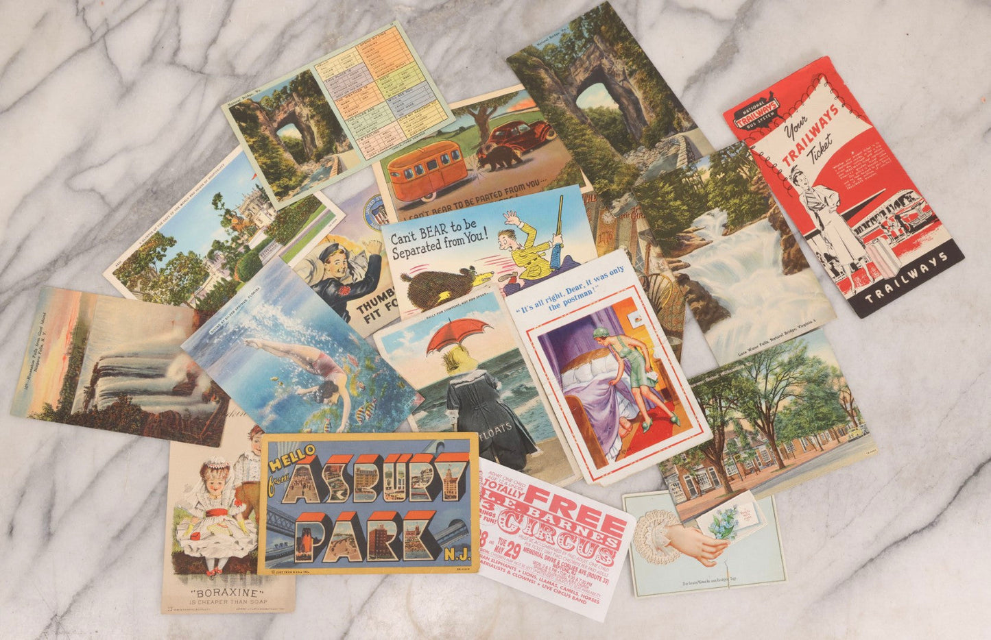 Lot 237 - Grouping Of 19 Antique And Vintage Postcards And Ephemera, Including "It Floats", Asbury Park, New Jersey, Natural Bridge, Virginia, And "Boraxine" Trade Card