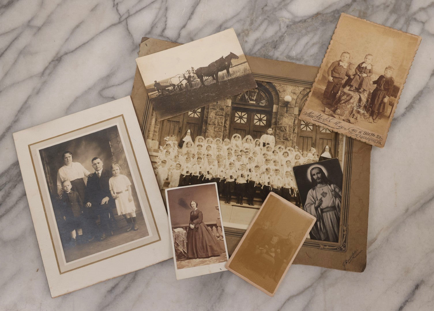 Lot 238 - Grouping Of Six Antique And Vintage Photographs Including Real Photo Postcard R.P.P.C.. Of Farm Equipment, First Communion Class Foldered Group Photograph, And Portrait Studies