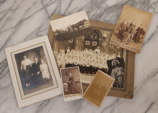 Lot 238 - Grouping Of Six Antique And Vintage Photographs Including Real Photo Postcard R.P.P.C.. Of Farm Equipment, First Communion Class Foldered Group Photograph, And Portrait Studies