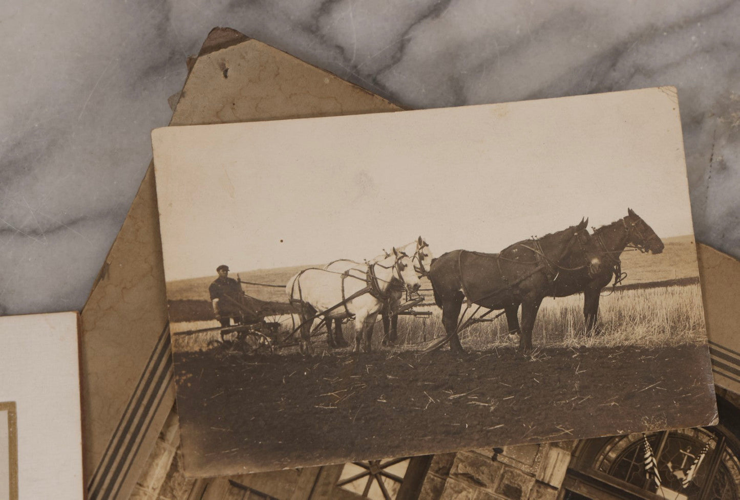 Lot 238 - Grouping Of Six Antique And Vintage Photographs Including Real Photo Postcard R.P.P.C.. Of Farm Equipment, First Communion Class Foldered Group Photograph, And Portrait Studies