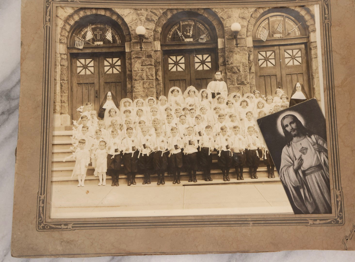 Lot 238 - Grouping Of Six Antique And Vintage Photographs Including Real Photo Postcard R.P.P.C.. Of Farm Equipment, First Communion Class Foldered Group Photograph, And Portrait Studies