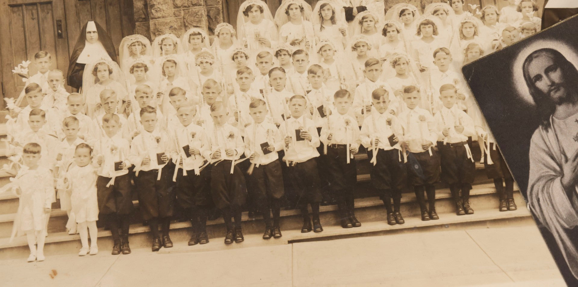 Lot 238 - Grouping Of Six Antique And Vintage Photographs Including Real Photo Postcard R.P.P.C.. Of Farm Equipment, First Communion Class Foldered Group Photograph, And Portrait Studies