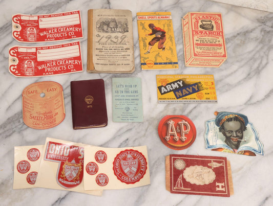 Lot 239 - Grouping Of 15 Vintage And Antique Advertising Ephemera Including Harvard Tobacco Felt, Shell Sports Almanac, Fine Groceries Coupon Stamp Book, Walker Creamery Tags, Old Virginia Cheroots Trade Card, And Ohio State University Stickers