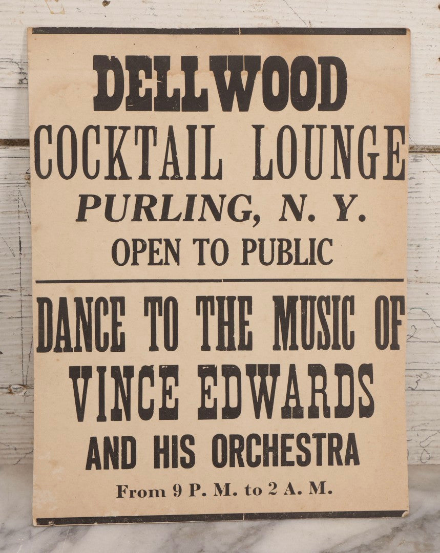 Lot 245 - Vintage Printed Broadside Advertising Dellwood Cocktail Lounge, Purling, New York, Featuring Vince Edwards And His Orchestra