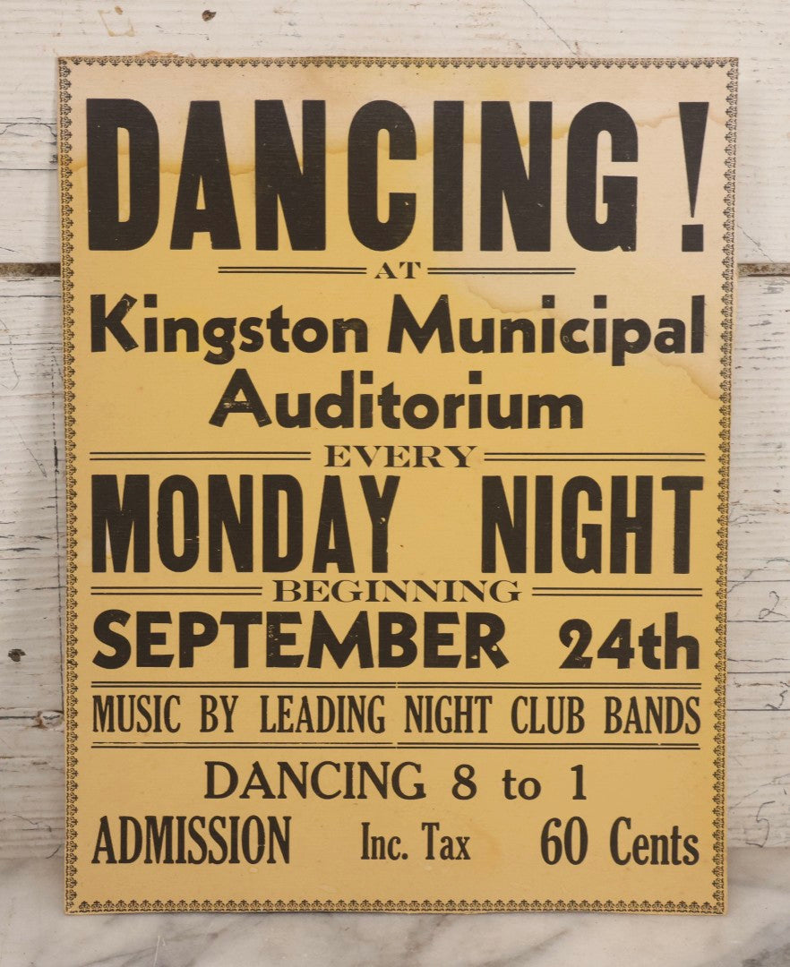 Lot 246 - Vintage Printed Broadside Advertising Dancing At Kingston Municipal Auditorium, Monday Nights Beginning September 24th