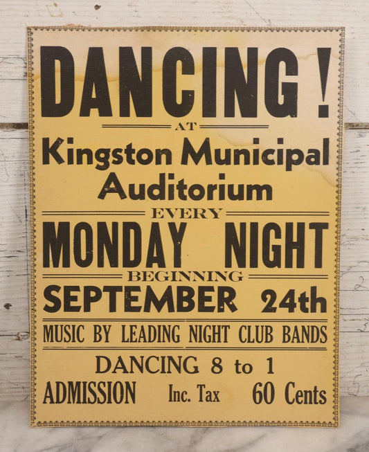 Lot 246 - Vintage Printed Broadside Advertising Dancing At Kingston Municipal Auditorium, Monday Nights Beginning September 24th
