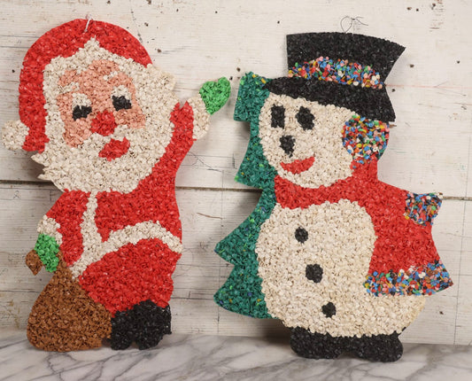 Lot 256 - Pair Of Vintage Popcorn Plastic Christmas Decorations Depicting Santa Claus And Snowman