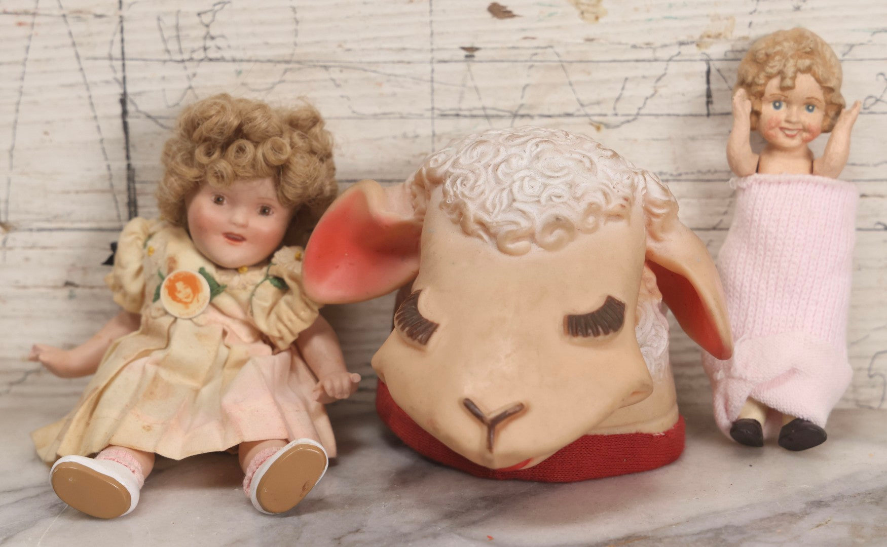 Lot 259 - Trio Of Vintage Children's Toys Including Shirley Temple Doll, Lamb Chop Hand Puppet, And Small Painted Doll