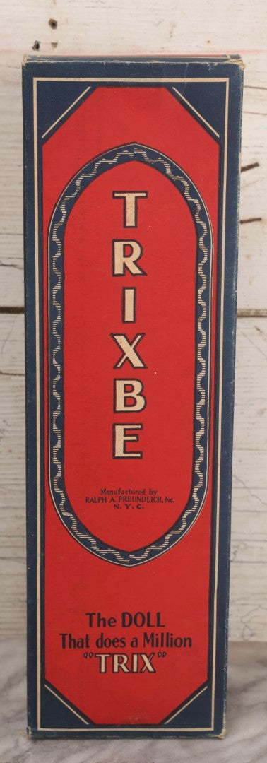 Lot 261 - Vintage Trixbe Doll Advertising Box, “The Doll That Does A Million 'Trix',” Ralph A. Freundlich Inc., New York City, Lithographed Cardboard Packaging, Children Playing Graphics