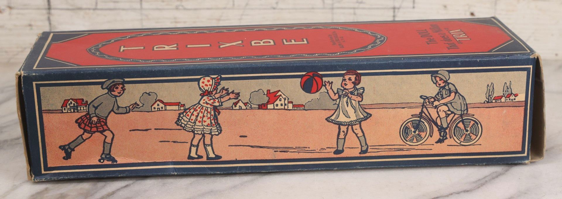 Lot 261 - Vintage Trixbe Doll Advertising Box, “The Doll That Does A Million 'Trix',” Ralph A. Freundlich Inc., New York City, Lithographed Cardboard Packaging, Children Playing Graphics