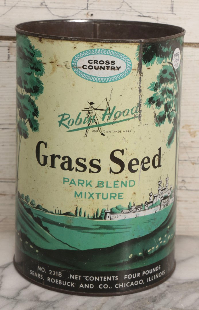 Lot 262 - Trio Of Vintage And Antique Advertising Pieces Including Grass Seed Tin, Camel Tire Tube Repair Kit, And “Little General Infants Durable Hose” Undergarments Box, W.T. Grant Co., 1923