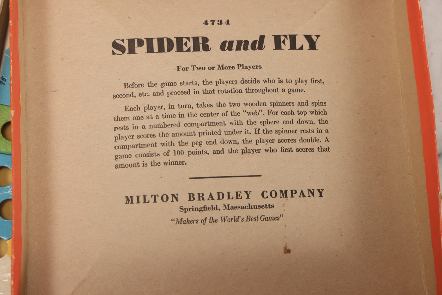 Lot 263 - Vintage "Spider And Fly" Board Game With Anthropomorphic Spider And Fly Graphics, Milton Bradley Co. No. 4734, Springfield, Massachusetts, Circa 1930