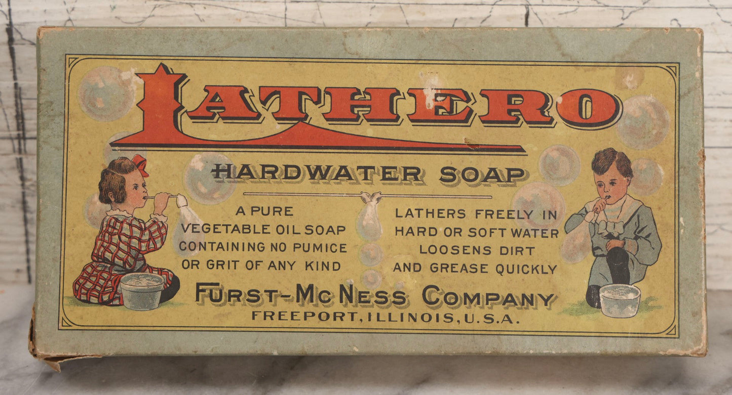 Lot 267 - Antique Lathero Hardwater Soap Advertising Box With Children Blowing Bubbles Graphics, Furst-McNess Co., Freeport, Illinois