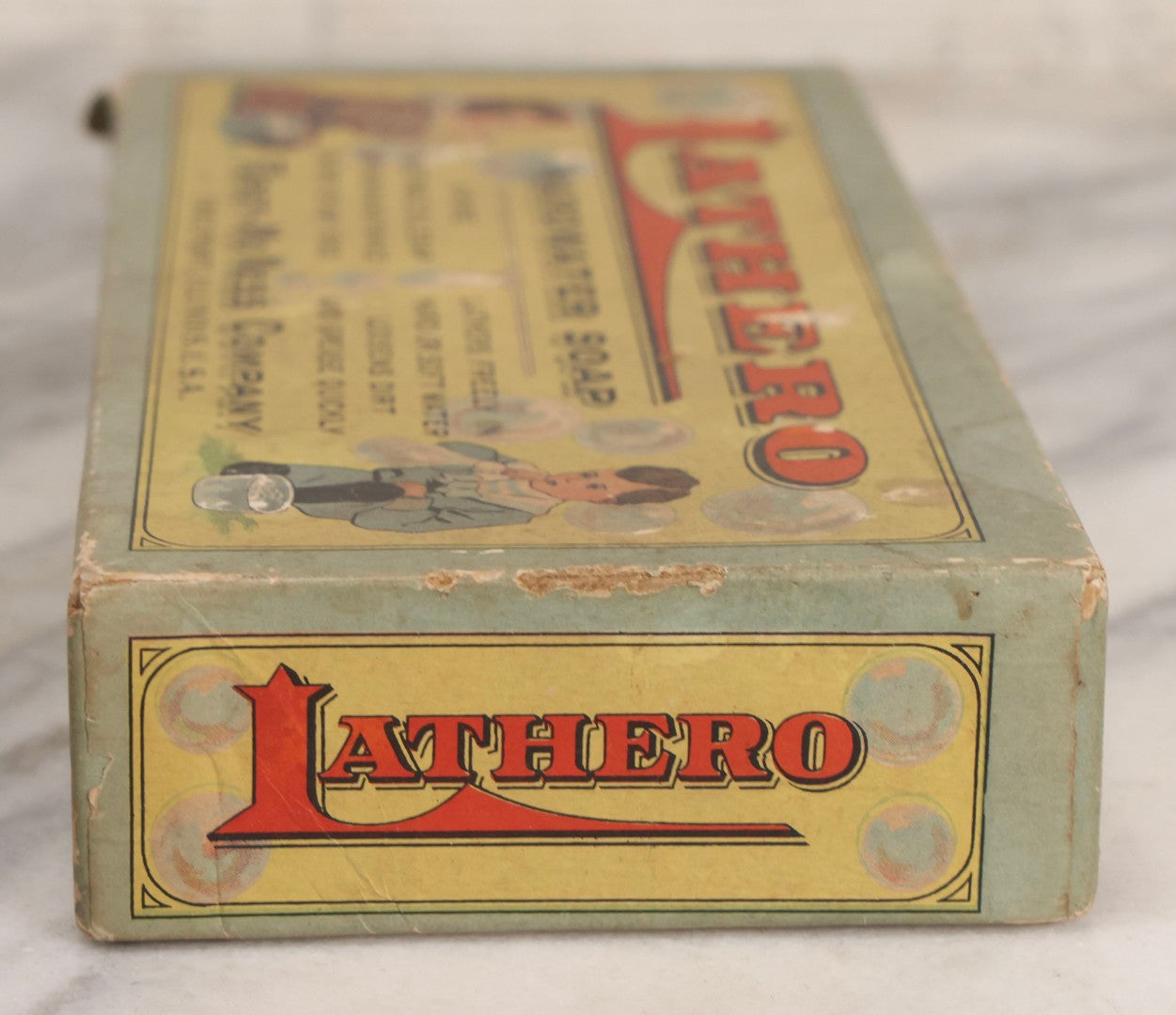 Lot 267 - Antique Lathero Hardwater Soap Advertising Box With Children Blowing Bubbles Graphics, Furst-McNess Co., Freeport, Illinois