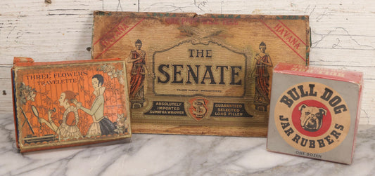 Lot 268 - Trio Of Vintage And Antique Advertising Boxes Including Bull Dog Jar Rubbers, Senate Havana Cigar, And Richard Hudnut “Three Flowers” Travelette Box