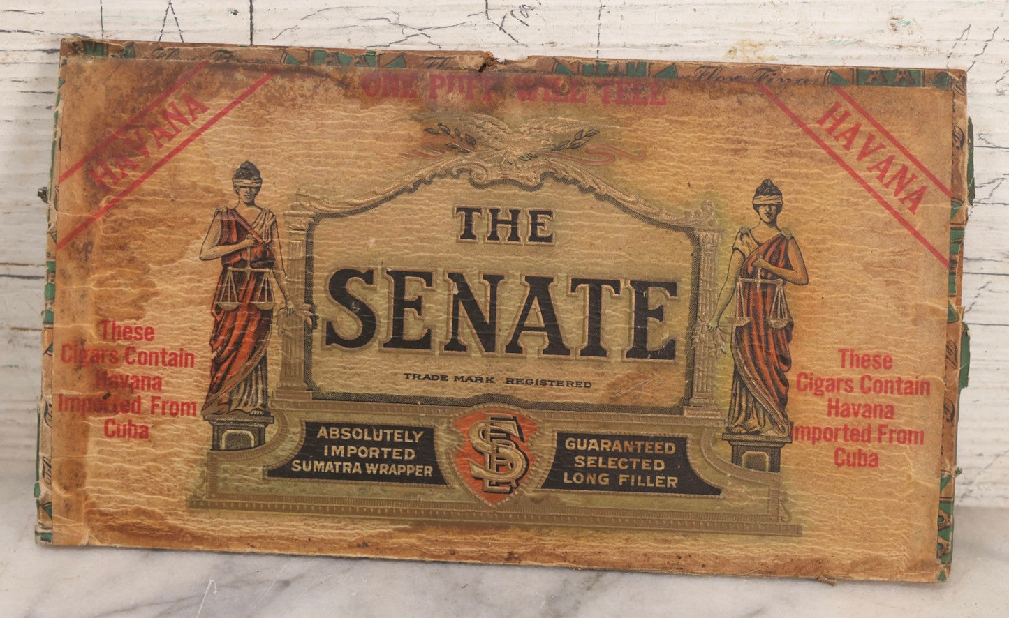 Lot 268 - Trio Of Vintage And Antique Advertising Boxes Including Bull Dog Jar Rubbers, Senate Havana Cigar, And Richard Hudnut “Three Flowers” Travelette Box