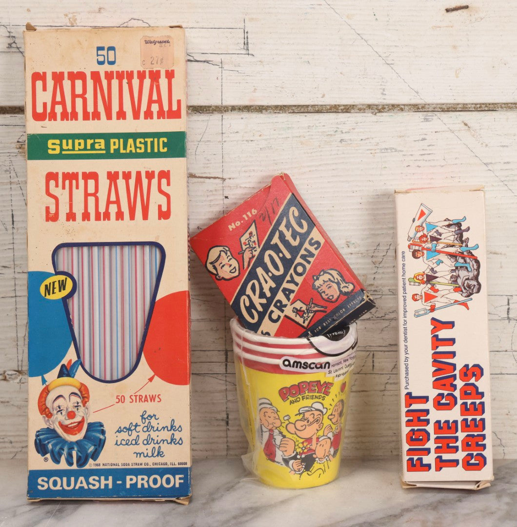 Lot 270 - Grouping Of Four Vintage Children's Advertising Pieces Including Carnival Straws Clown Box, Cra-O-Tec No. 116 Crayons, Popeye And Friends Amscan Drinking Cups, And "Fight The Cavity Creeps" Crest Toothbrush Box By Procter And Gamble