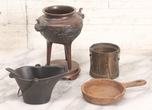 Lot 277 - Grouping Of Five Vintage Metal Vessels Including Bronze Smudge Pot, Brass Drum, Cast Iron Pan, And Ash Bucket With Scoop