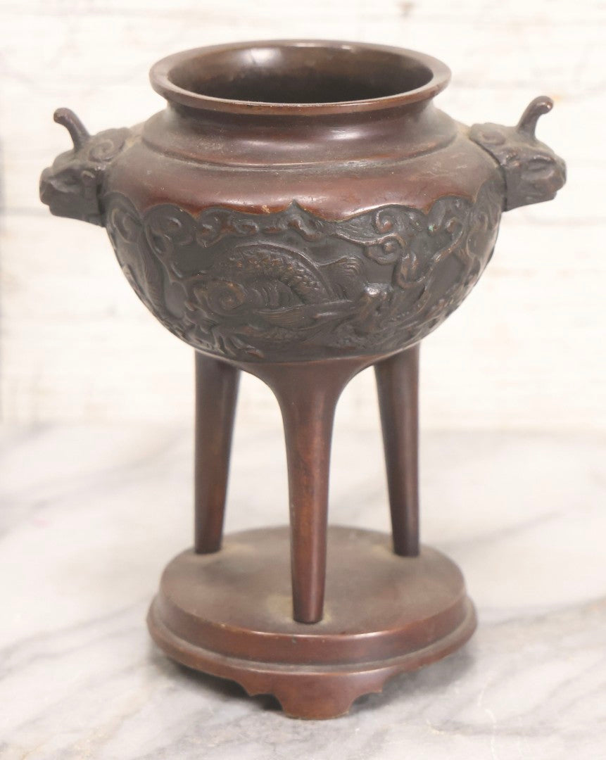 Lot 277 - Grouping Of Five Vintage Metal Vessels Including Bronze Smudge Pot, Brass Drum, Cast Iron Pan, And Ash Bucket With Scoop